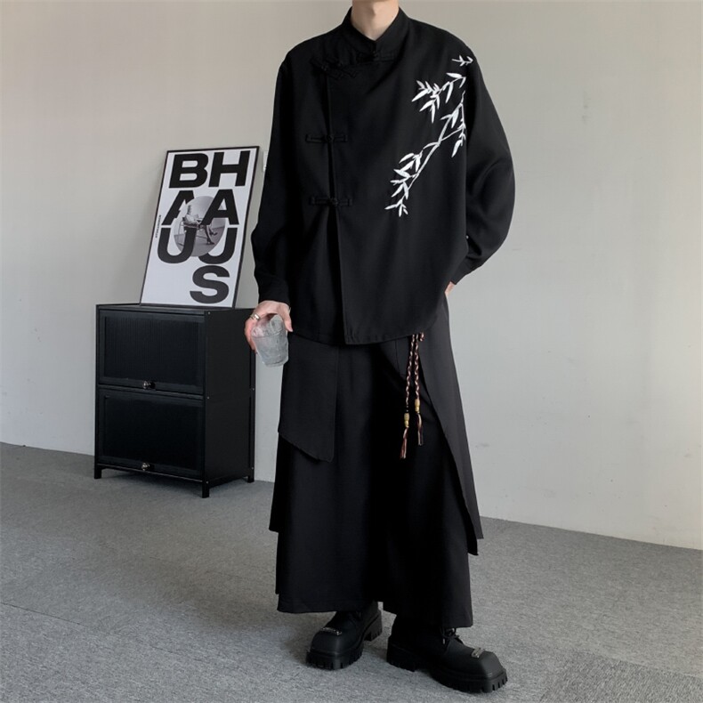 24新中式复古风立领衬衫男女唐装盘扣竹子刺绣宽松长袖汉服衬衫,男装衬衫,星座909