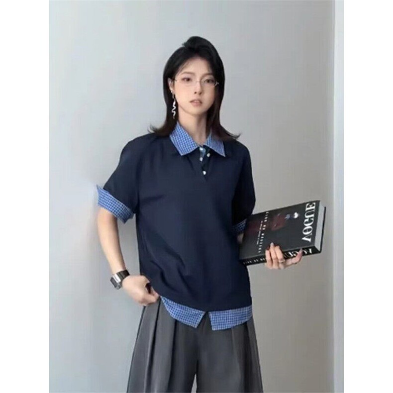 网图现货假两件格纹拼接POLO衫男女夏季短袖T恤 RHT202-P48图片
