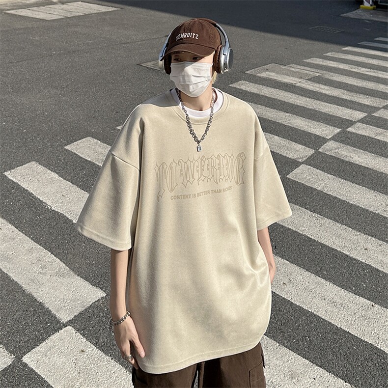 2023夏美式麂皮绒烧花短袖T恤男oversize潮流高街打底衫T156-P38,男装T恤,电商A001-1