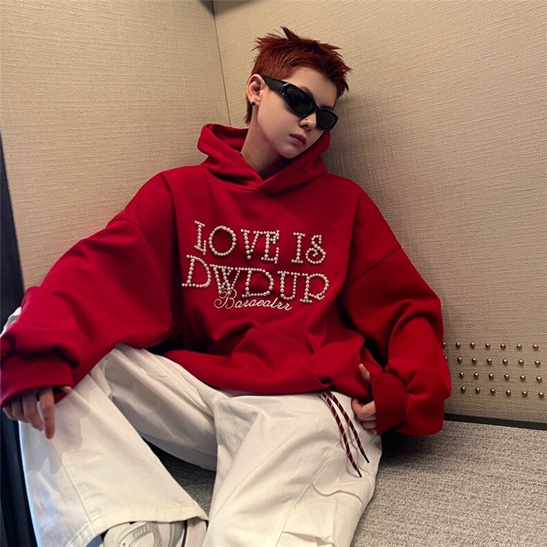 【有货】DWY80-特P72美式复古珍珠加绒卫衣男女LOVE重磅帽衫潮图片