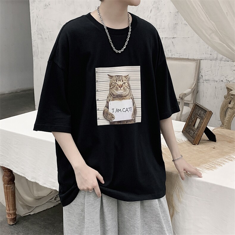 韩系素简监狱猫印花短袖T恤大码宽松男潮517A-1-T916-P28控38,男装T恤,星座517A-1