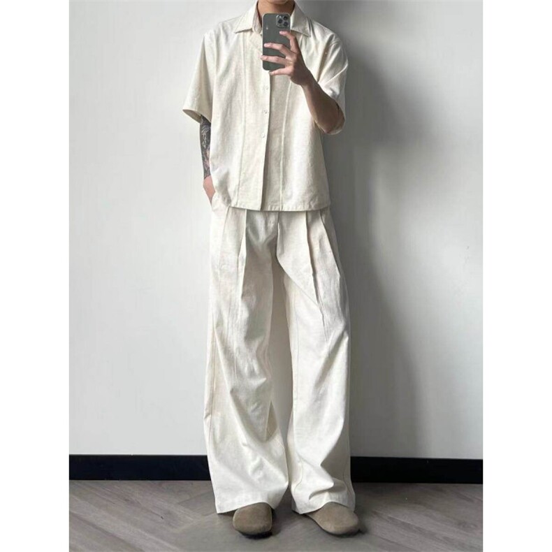 已下单~夏季亚麻天丝翻领假两件老钱风透气短袖衬衫男CT25127批55，男装衬衫，星座1004-6