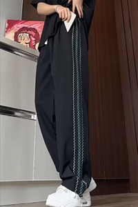 K166/特P35夏季凉感百搭个性条纹刺绣休闲裤男垂感冰丝速干长裤图片
