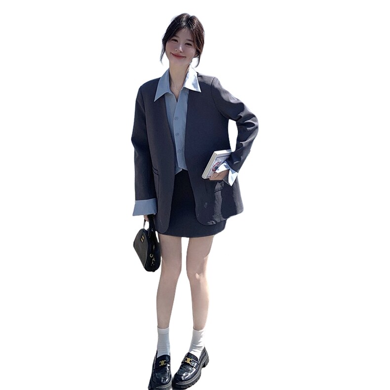 韩系高级感灰色假两件西装外套女2025春季新款气质百搭半身裙套装,女装套装/套裙,2C115
