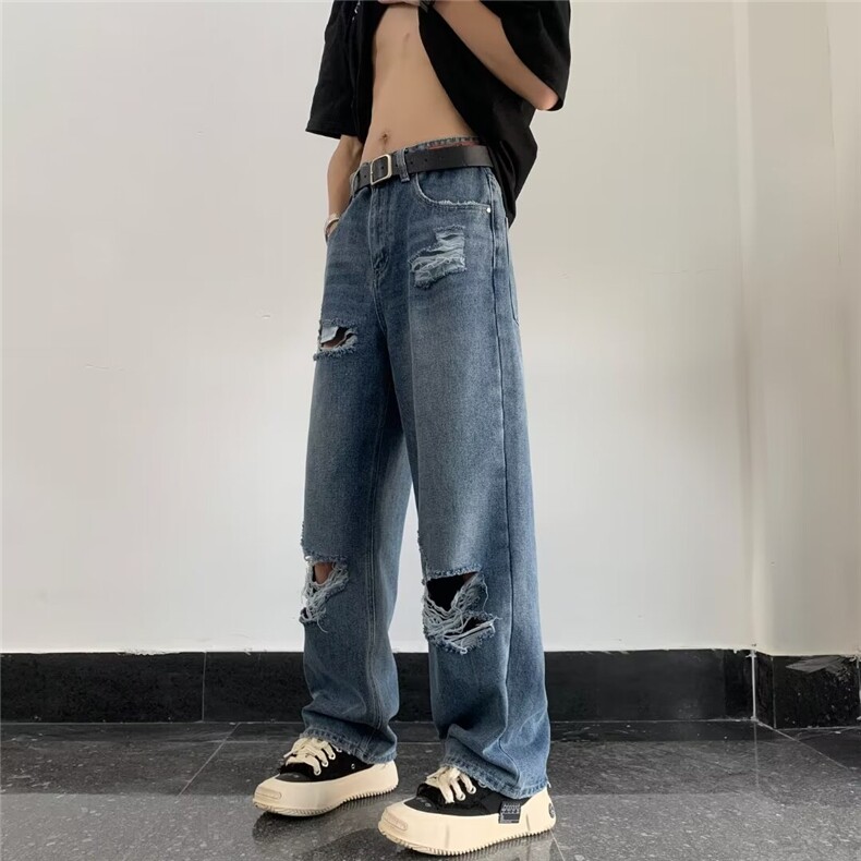 水洗黑色膝盖破洞牛仔裤男夏款美式直筒阔腿乞丐裤1001-1X841-P45图片