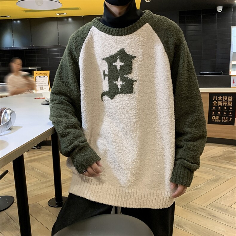 撞色秋冬毛衣男设计宽松慵懒风休闲套头针织衫线衣潮MY05637-P63图片