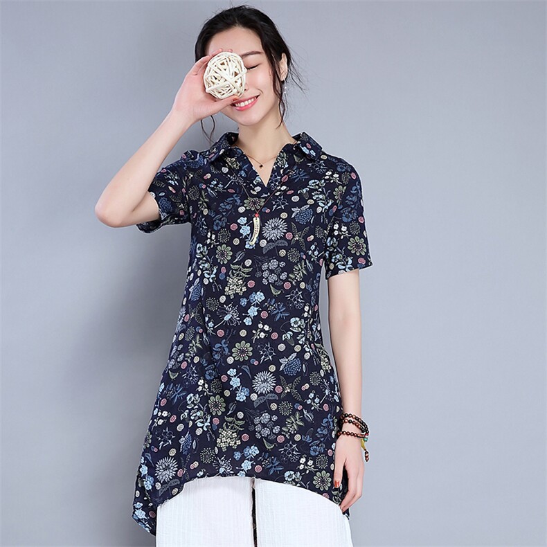 2021年夏季短袖中长款纽扣碎花原创设计气质简约衬衫，女装衬衫，丽影随形