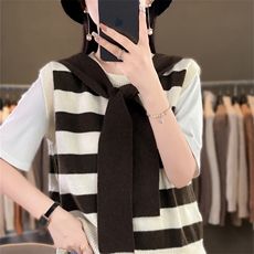 时尚女装条纹马甲披肩优雅百搭显瘦修身舒适仿羊毛材质适合春秋季节，女装马甲，暖姿羊绒