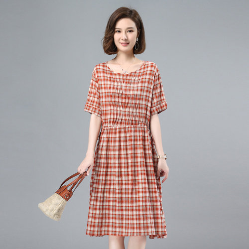 2021夏季新款时尚休闲褶皱抽绳格子连衣裙,女装连衣裙,叶笙衣