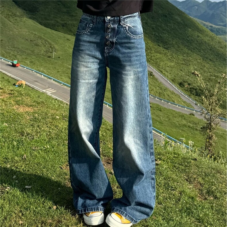 Y9285-P53复古水洗做旧牛仔裤新款港风ins潮高腰阔腿宽松垂感,男装牛仔裤,电商B323A