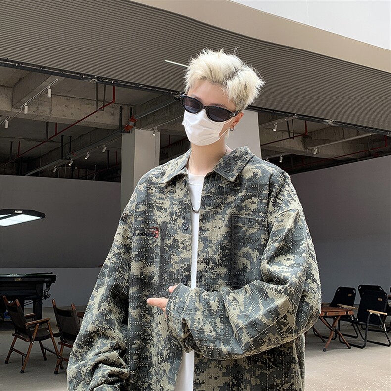 美式复古绿迷彩衬衫设计感高级短款外套潮牌欧美街头男装,男装衬衫,星座410-6（原星座1304-1）