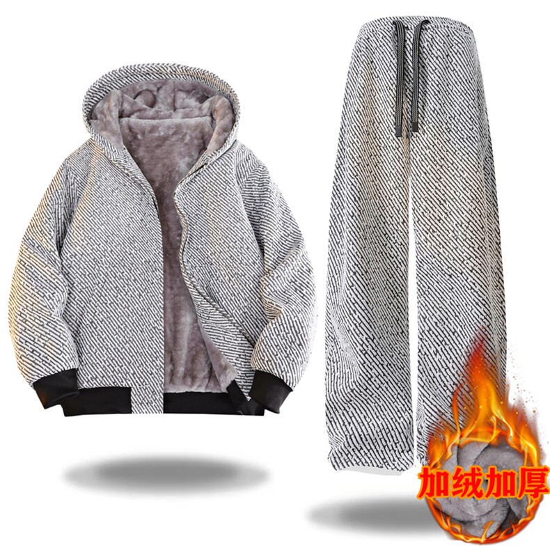 加绒仿兔毛套装青年银丝斜纹宽松连帽套装J5016加绒P120常规P90，男装休闲套装，星座310B-3