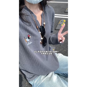 XZ809A/SYR07/特P19/控38  肌理感腊肠狗绣花V领长T恤卫衣图片