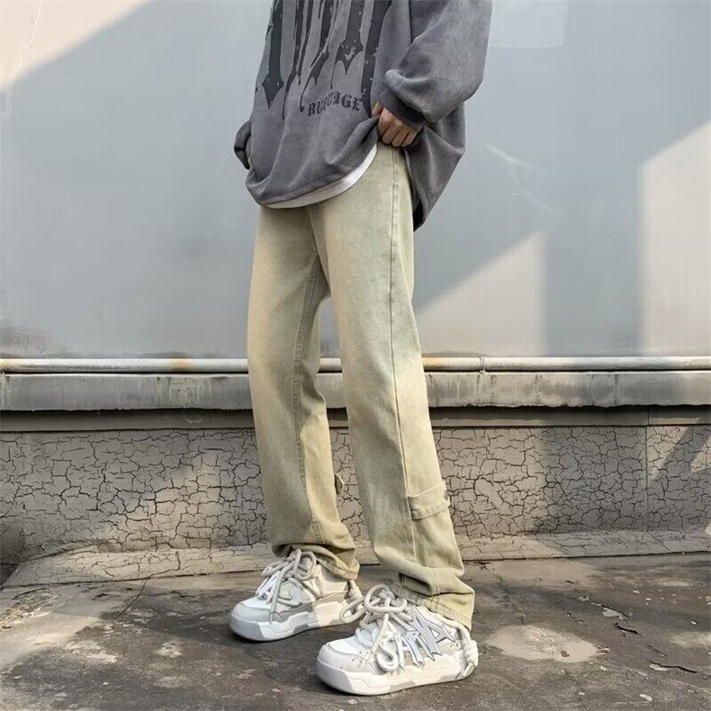 水洗做旧复古黄泥牛仔裤男女高街vibe直筒微喇长裤子痞帅修身潮,男装牛仔裤,星座601-1
