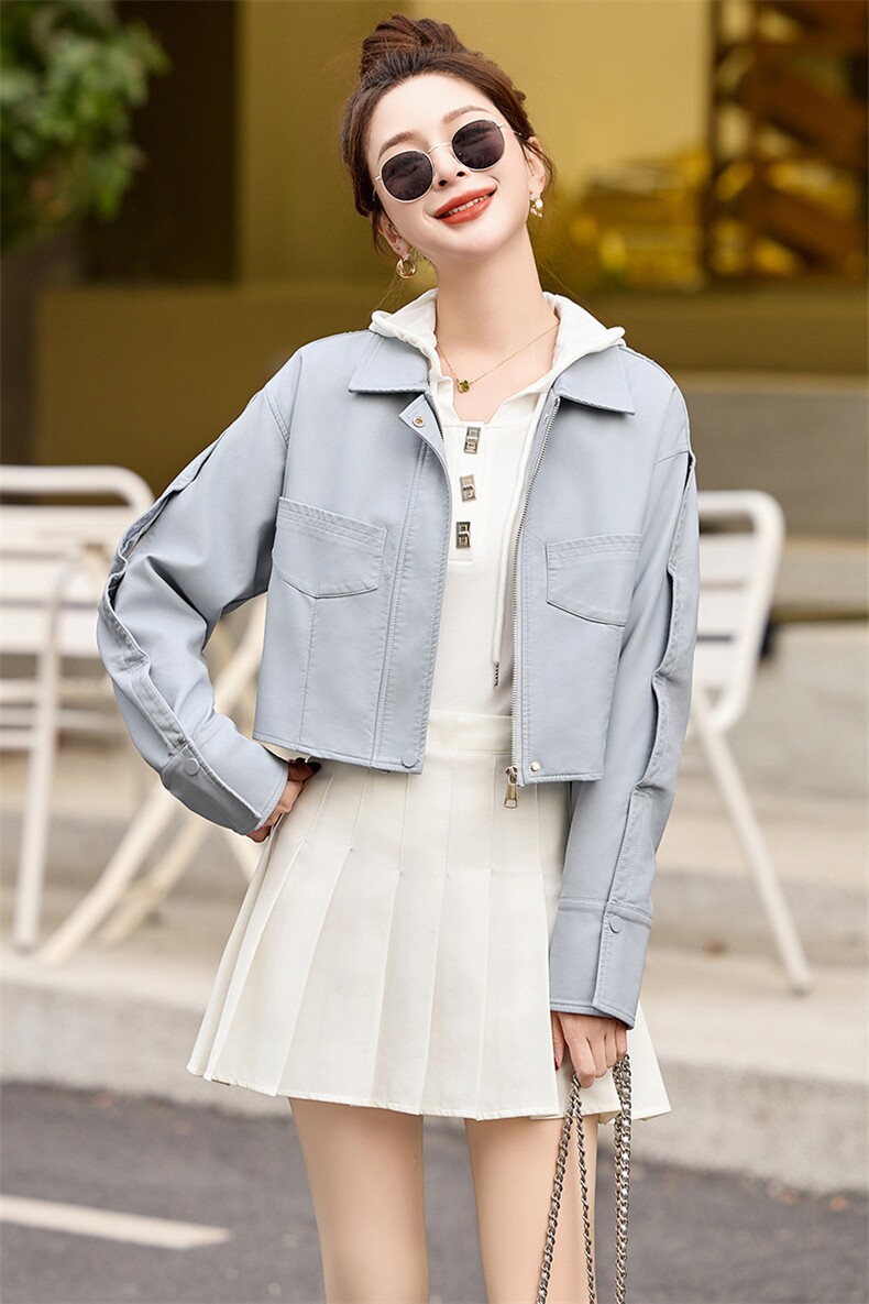 配裙子的皮夹克上衣女短款春秋新款2025时尚小个子机车服皮衣外套,女装皮衣,魅丽静蓝