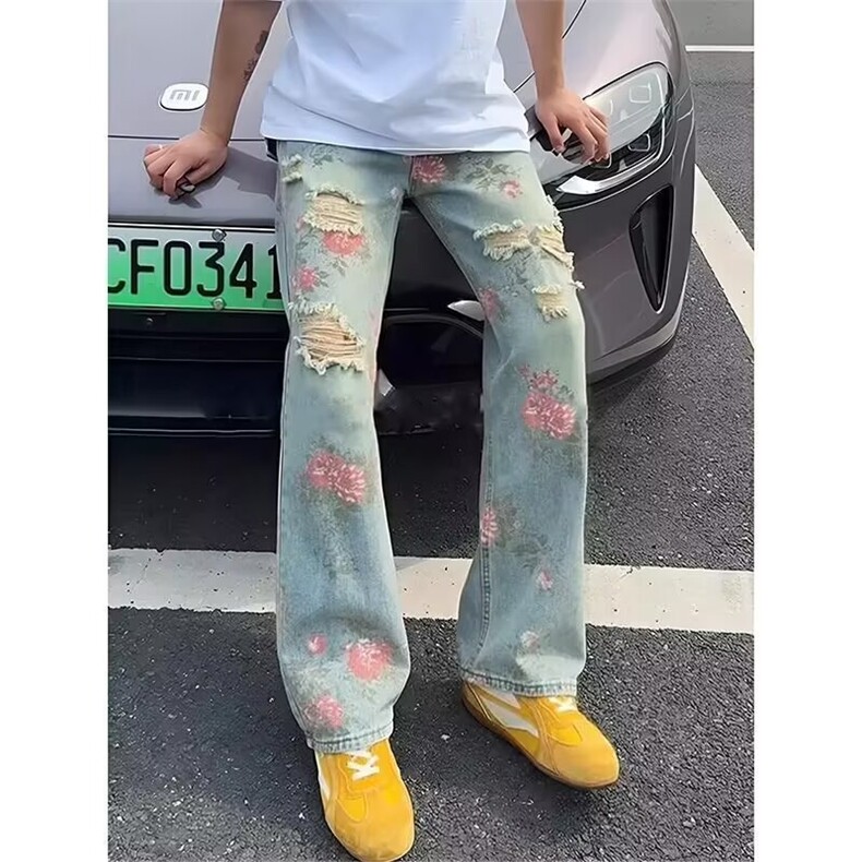 新款流行ins潮流无品牌百搭文艺牡丹提花满印破洞牛仔裤男款夏季,男装牛仔裤,星座613