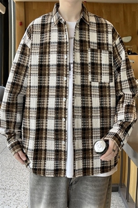 精品秋季小香风衬衫式翻领夹克男潮大码宽松痞帅外套毛呢衬衣p55图片