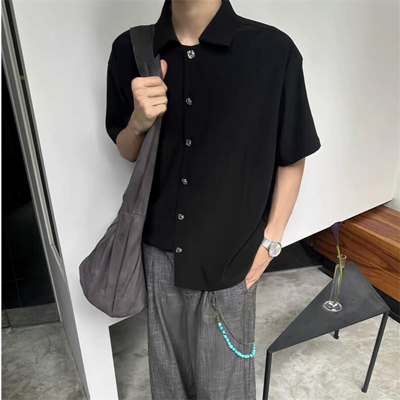 得物抖音品质二开老钱风亚麻冰丝纹短袖衬衫男女休闲美式潮牌衬衣,男装T恤,电商A486