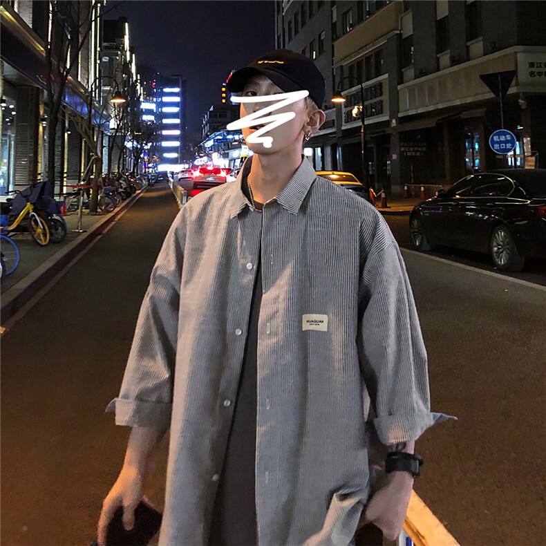2026夏装新款条纹绣标短袖五分袖衬衫潮男衬衣 CS8090/P40 黑色图片