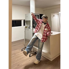 秋冬季美式复古格子衬衫男生秋冬款高街翻领长袖衬衣潮牌大码外套，男装衬衫，星座218-8
