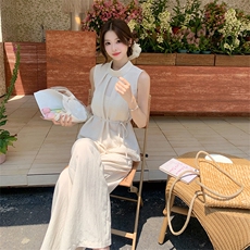 老钱风通勤穿搭系带无袖上衣配阔腿裤套装女夏2025新款减龄两件套，女装套装/套裙，2C022