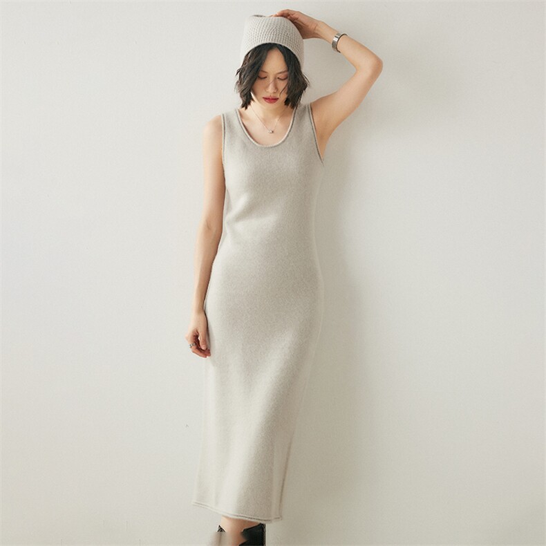 优雅羊绒背心长裙秋季显瘦修身无袖连衣裙，女装连衣裙，绒创羊绒