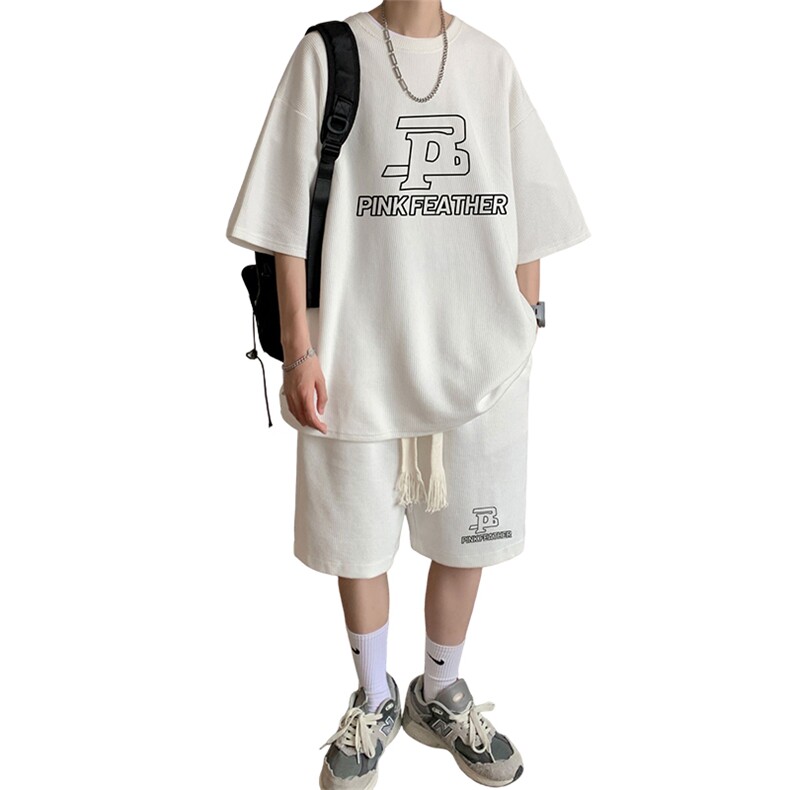 套装！华夫格套装男T恤短裤两件套大码港风TZ115-P50,男装休闲套装,电商B367