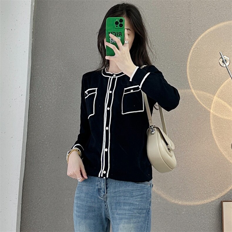 小香风针织衫女圆领开衫纯棉撞色长袖外搭外套2025春季新款,针织衫/毛衣,鹏源羊绒