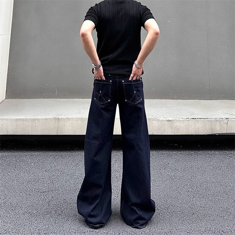 丹宁原牛绿松石撞钉弯刀牛仔裤宽松cleanfit阔腿长裤子RK3019-P50,男装牛仔裤,星座412-3