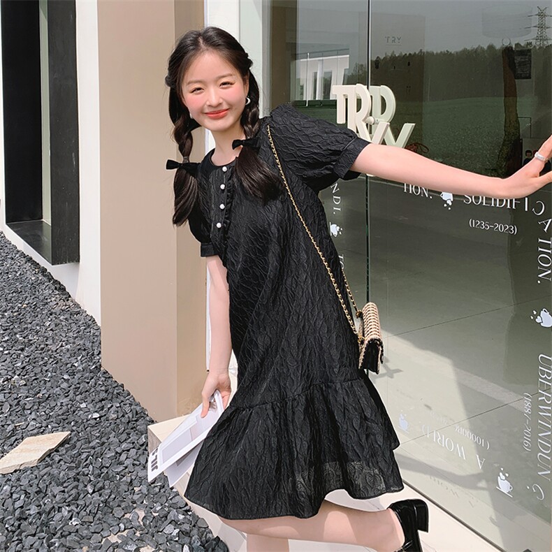 肌理感小香风连衣裙女夏2023新款小个子减龄漂亮洋气荷叶边小黑裙,女装连衣裙,姿衣轩