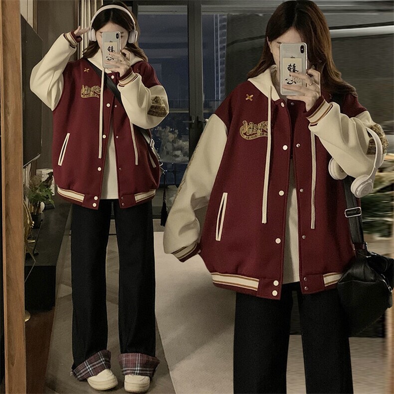C954-P110美式撞色春秋重工刺绣2025新款连帽宽松棒球服夹克上衣,男装棉衣,星座911-2(原星座613-2）