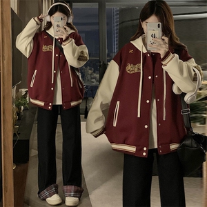 C954-P110 美式撞色春秋重工刺绣2025新款连帽宽松棒球服夹克上衣图片