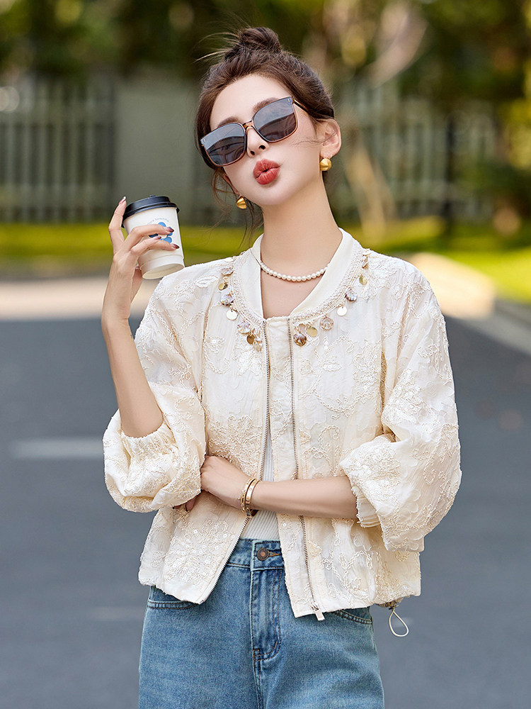 棒球服女2025开春新款小个子休闲百搭洋气小香风白色短款蕾丝外套,女装短外套,依如秀(原杭风阁)
