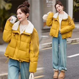 【现货现货】2025冬季新款黄色羽绒服短款加厚保暖羊羔毛拼接外套图片