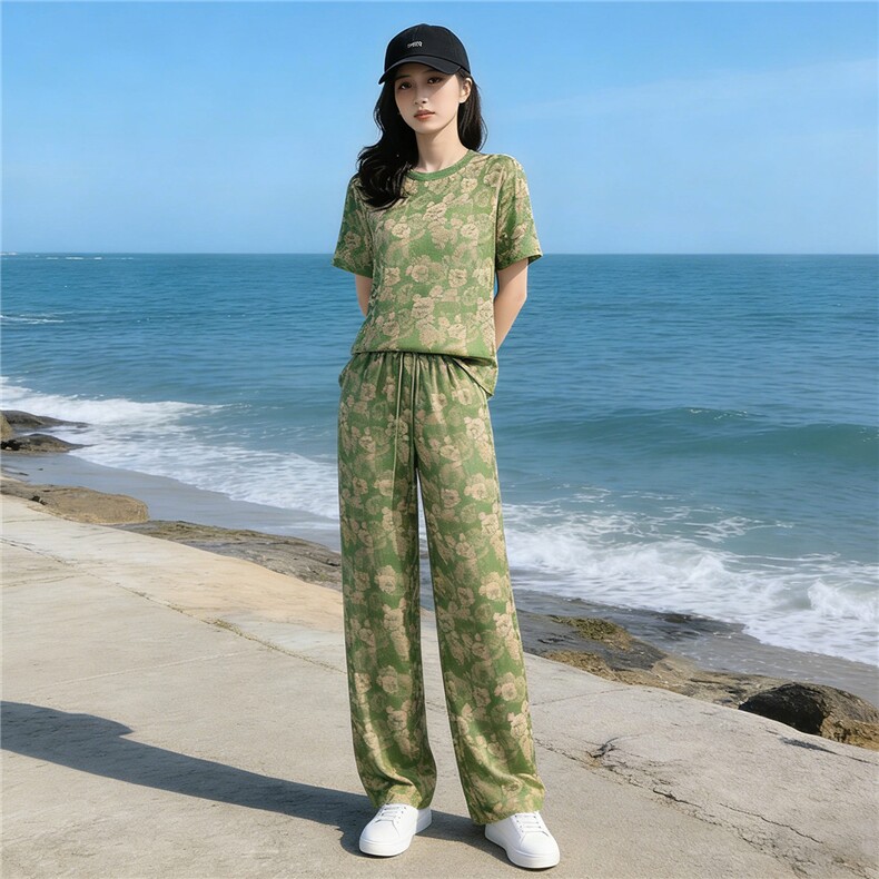 韩版时尚潮流套装女夏季新款个性简约圆领印花上衣阔腿长裤两件套,女装套装/套裙,江南