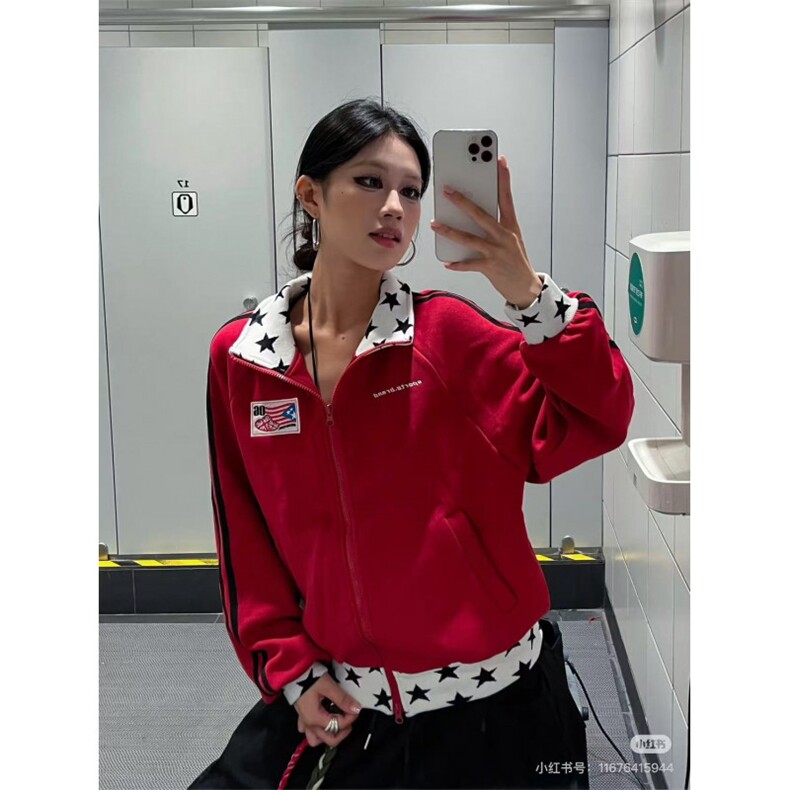 爆爆糖美式复古星星立领卫衣外套运动开衫男女秋拼接撞色宽松上衣，女装短外套，星座613