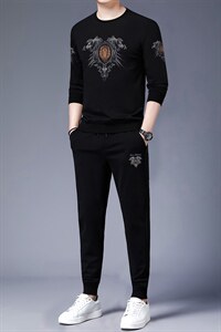 卫衣套装男2023秋季新款长袖圆领印花套头两件套中年商务休闲男装图片