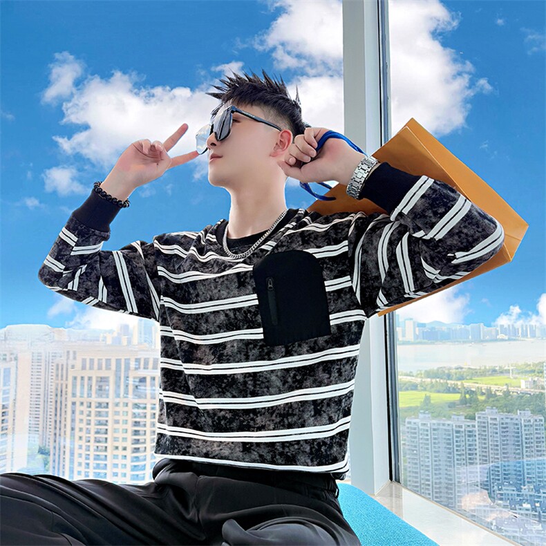 AW210/P78控108秋季社会小伙拼接撞色条纹设计感打底卫衣男黑首,男装T恤,星座305B-1