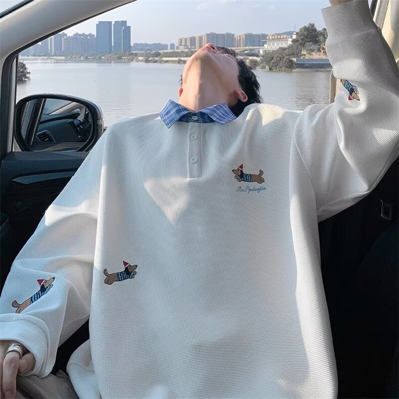 X90-P36华夫格刺绣腊肠狗长袖POLO衫男士夏季2025新款潮牌T恤i,男装Polo衫,电商B323A
