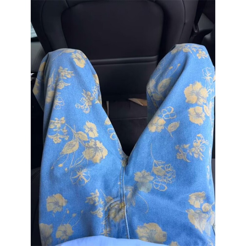 复古印花设计牛仔裤女夏日浪漫黄碎花阔腿裤显瘦高腰直筒拖地长裤,男装牛仔裤,星座506A