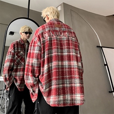 现货~美式贴布绣格子衬衣宽松复古外套潮XZ609-WT2351-P70-控108，男装衬衫，星座609
