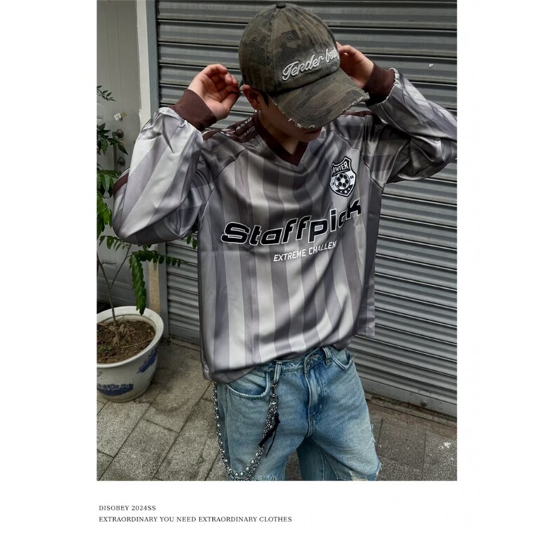 美式复古条纹长袖T恤男女春秋季字母印花球服宽松潮牌运动风卫衣,男装T恤,星座506A