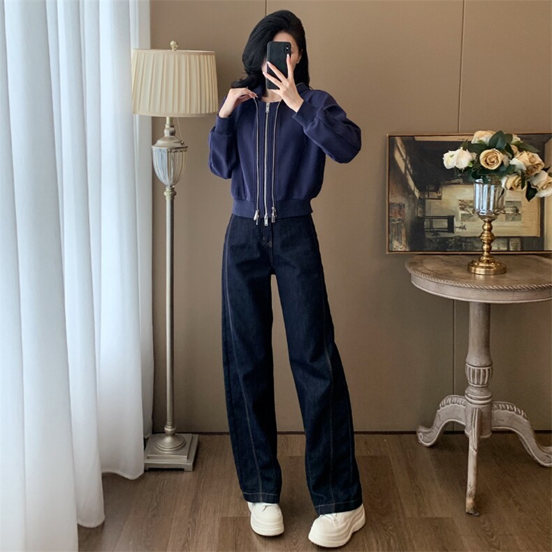 时尚女秋冬季加绒连帽卫衣牛仔长裤套装显瘦高腰直筒裤休闲百搭两件套,女装套装/套裙,江南