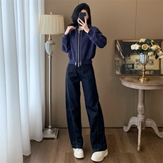 时尚女秋冬季加绒连帽卫衣牛仔长裤套装显瘦高腰直筒裤休闲百搭两件套，女装套装/套裙，江南