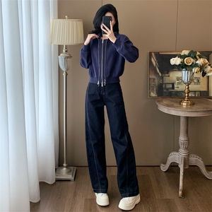 时尚女秋冬季加绒连帽卫衣牛仔长裤套装 显瘦高腰直筒裤 休闲百搭两件套图片