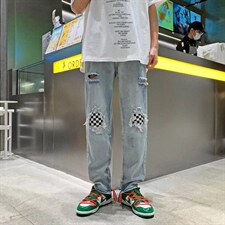2023年新款男直筒休闲牛仔裤格子裤脚拉链N8041P45图片