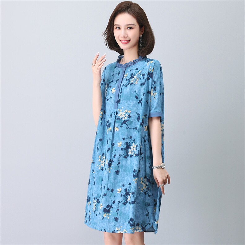 连衣裙女2024新款夏季洋气直筒加肥大码小个子妈妈高贵棉麻风裙子,女装连衣裙,依恋蒂丝