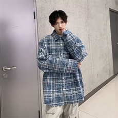 树纹格子衬衫新款小众设计情侣长袖男女做旧百搭潮流LC1522-p44，男装衬衫，星座1008