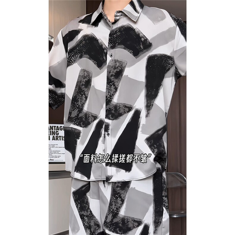 短袖衬衫男+短裤男潮流休闲套装男M-5XL大码TZ78704P50控98模特图,男装休闲套装,星座226-1