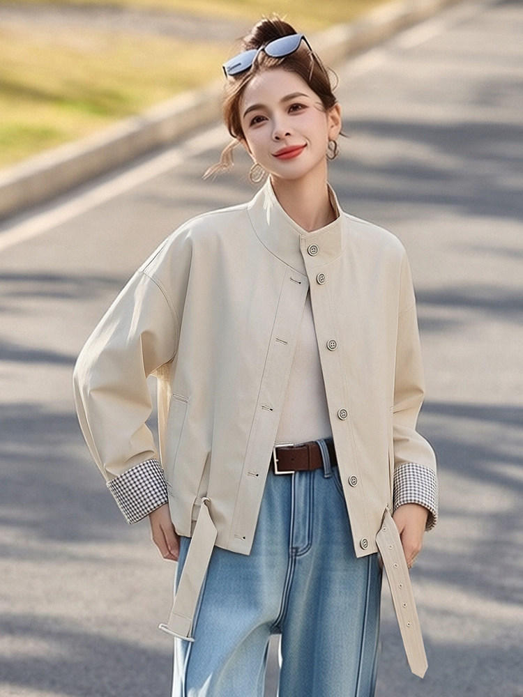 现货宽松拼色格子立领短外套女,女装短外套,韩蔻秀